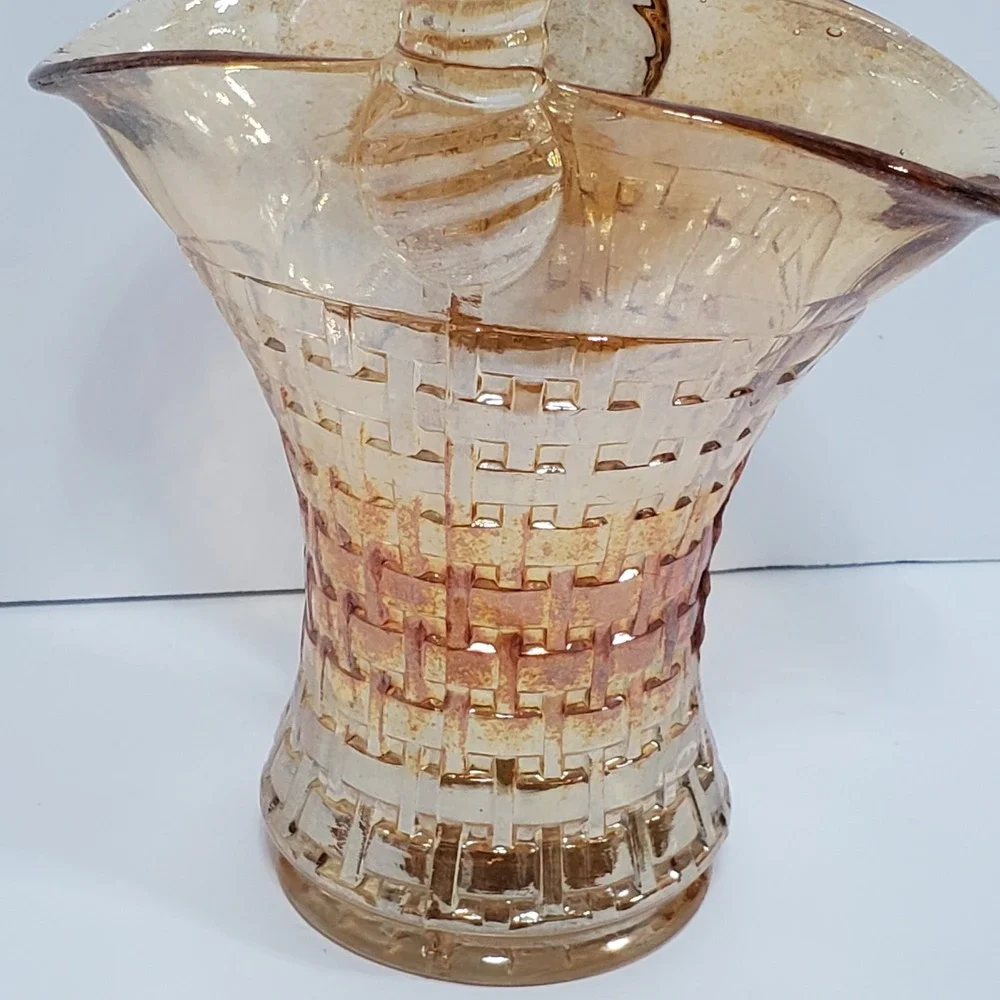 Vintage Imperial Marigold Iridescent Glass Basketweave Basket Amber Rope Handle